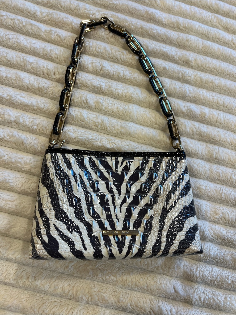 Brahmin Black and White Zebra-Print Shoulder Bag with Chain Strap